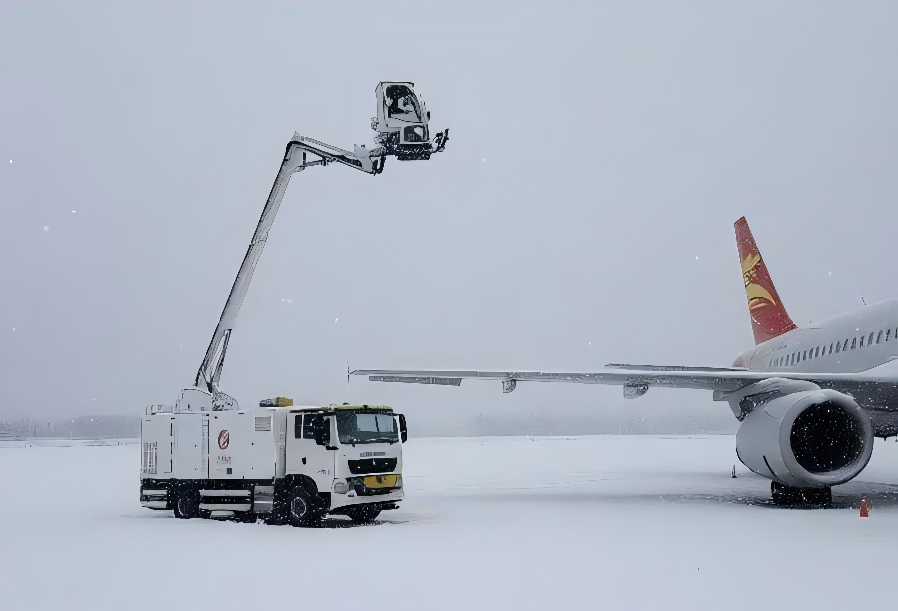 Truck-mounted aerial work platform servicing an aircraft in snow