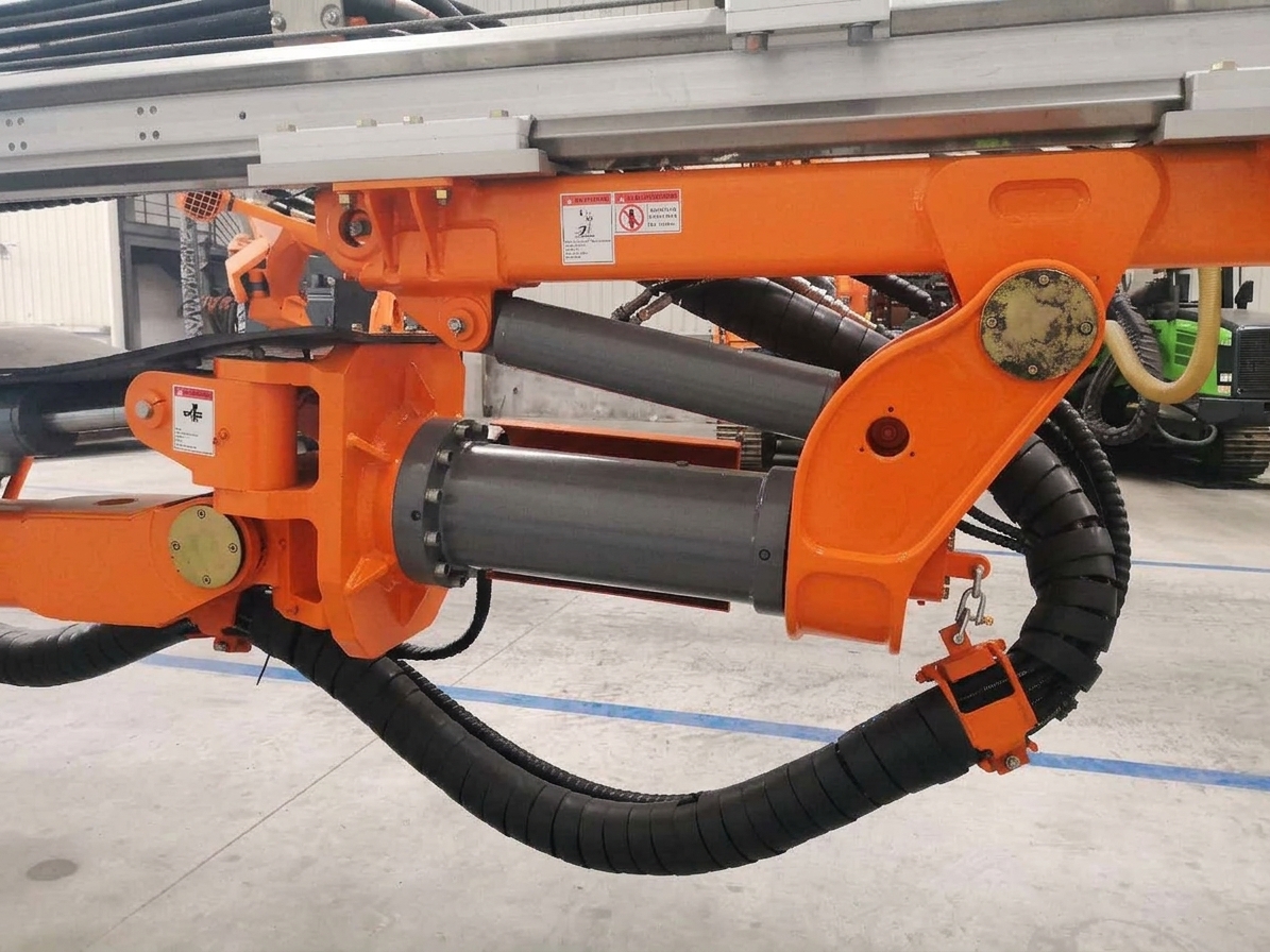 Rotary actuator on an orange drill rig mast